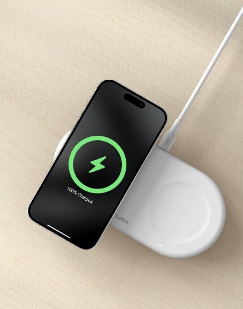 MagSafe Duo Charger charging iPhone and Apple Watch